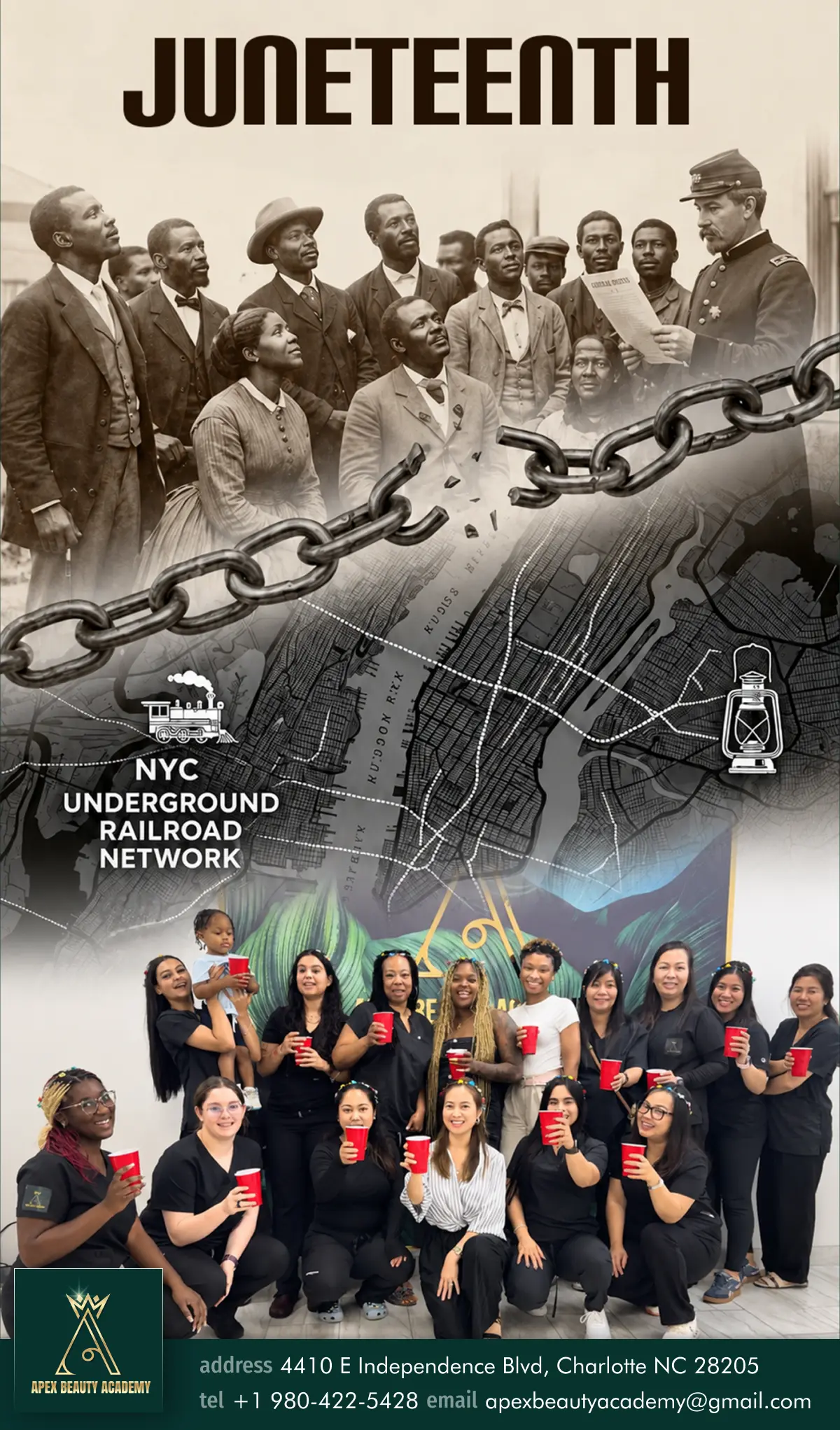 Apex Beauty Academy students and team commemorating Juneteenth with red, black, and green decorations in Charlotte, NC
