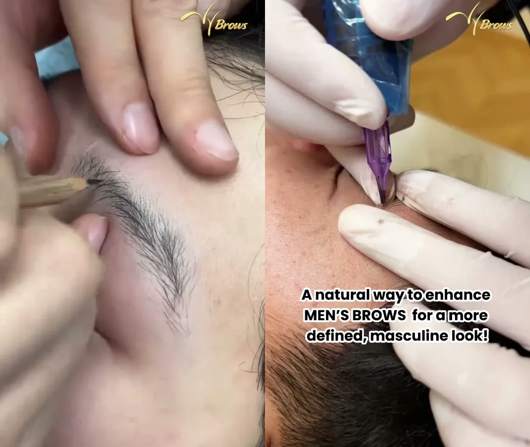 Brow mapping and hair-stroke work on a male client at VyBrows Houston